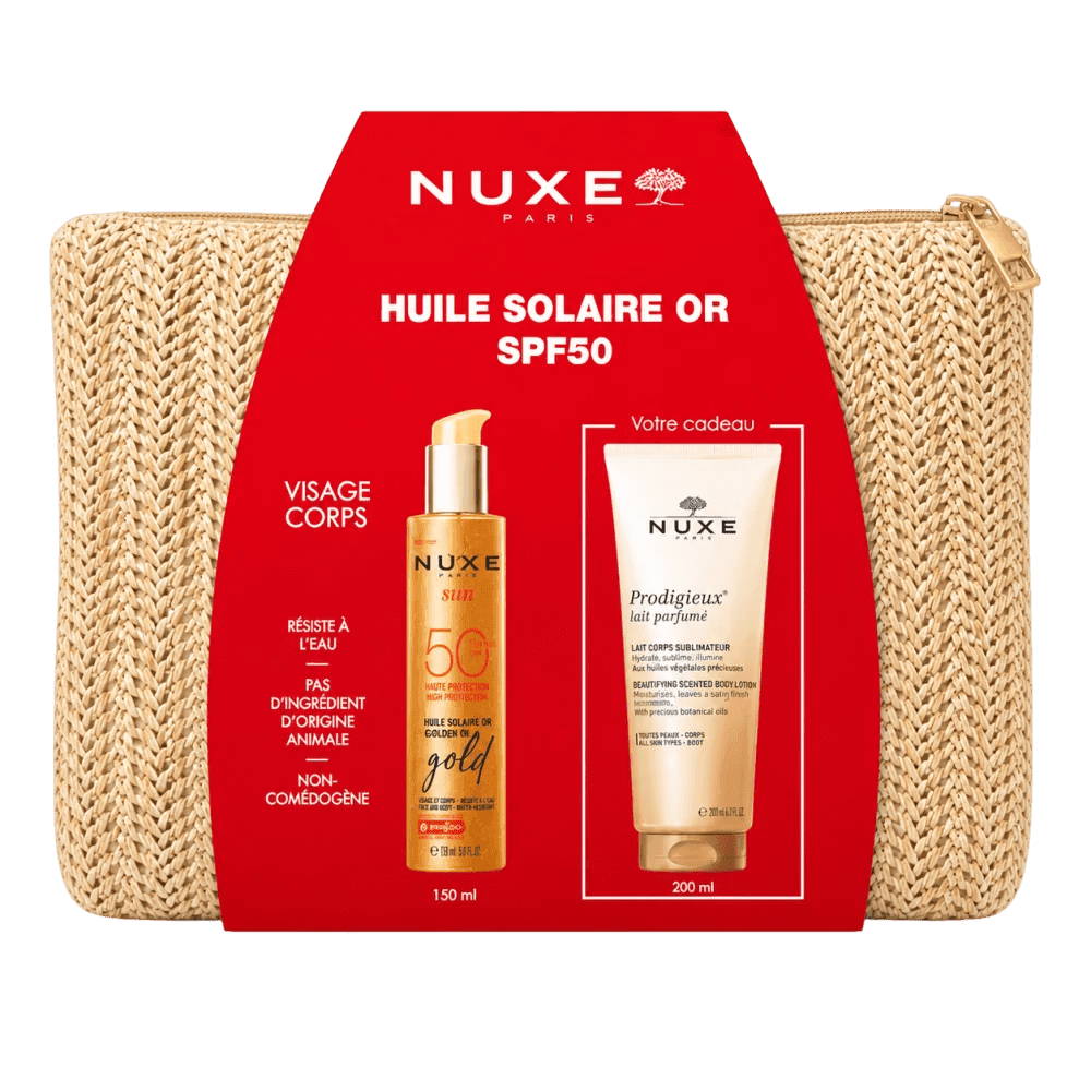 NUXE - HUILE SOLAIRE OR SPF50 + LAIT DE CORPS SUBLIMATEUR 200ML ET TROUSSE OFFERTES
