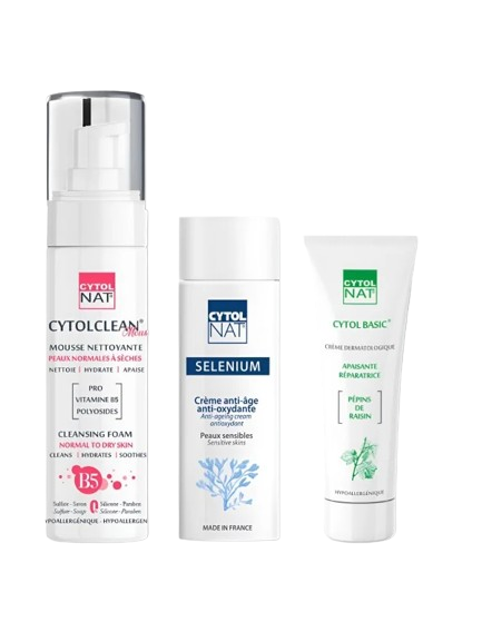 CYTOLNAT - MOUSSE NETTOYANTE PEAUX NORMALES A SECHES + SELENIUM CREME ANTI AGE + CYTOL BASIC CREME REPARATRICE 50ML OFFERTE