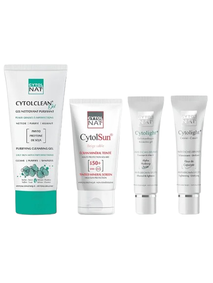 CYTOLNAT - PACK : NETTOYANT PURIFIANT + ECRAN TEINTE BEIGE SABLE + GEL ANTI TACHES + CREME ANTI TACHES